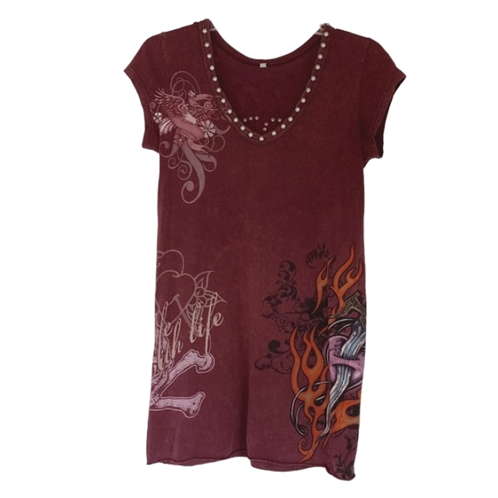 BEJEWELED COUTURE Susan Fixel Tunic Women's L Swarovski Crystals Studs Acid Wash